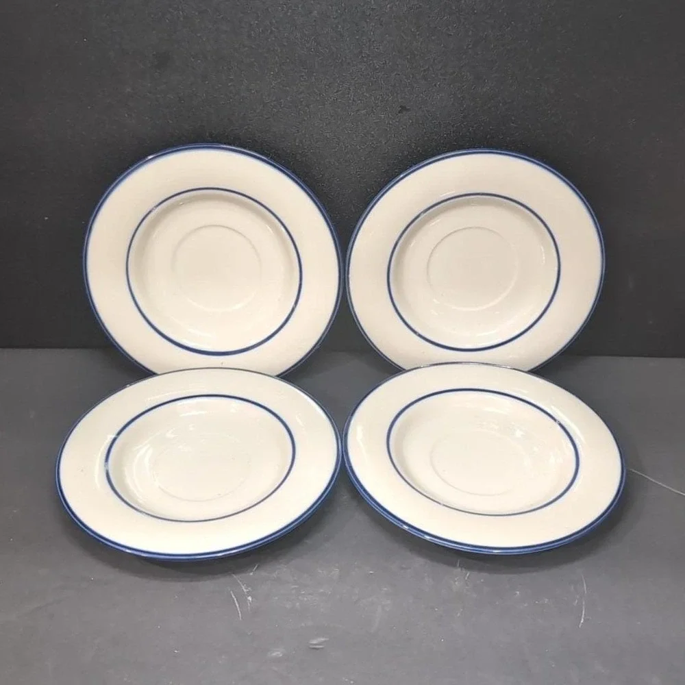 Permastone Stoneware Saucers, Set‎ of 4, Vintage White Plates With Blue Trim